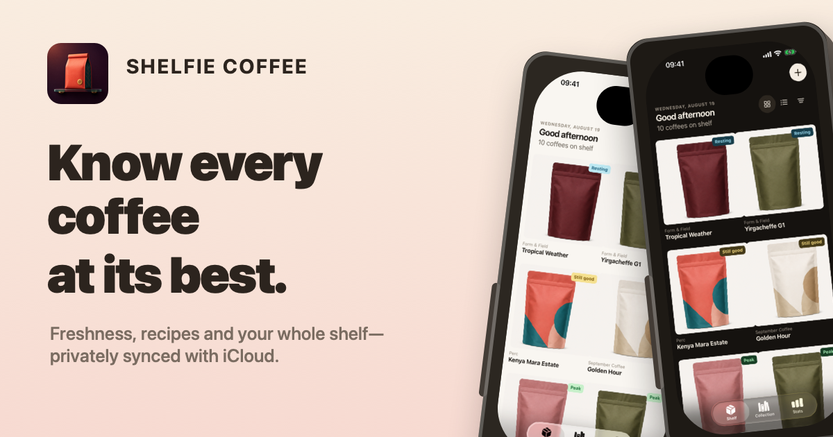 Shelfie shown on two iPhones in light and dark mode
