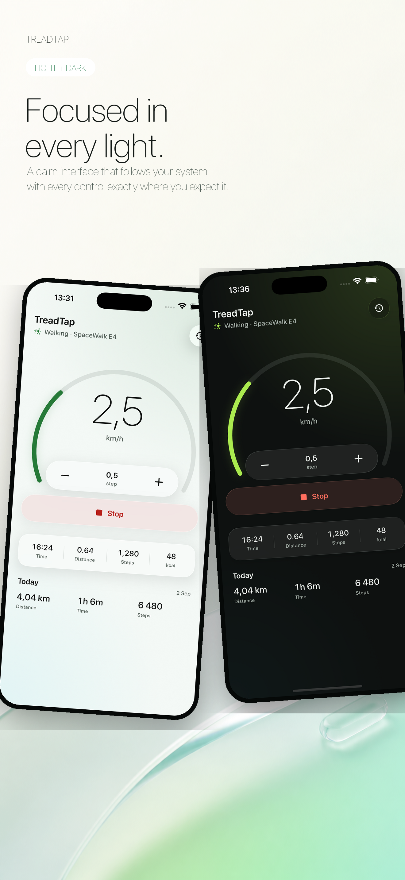 TreadTap shown in light and dark mode